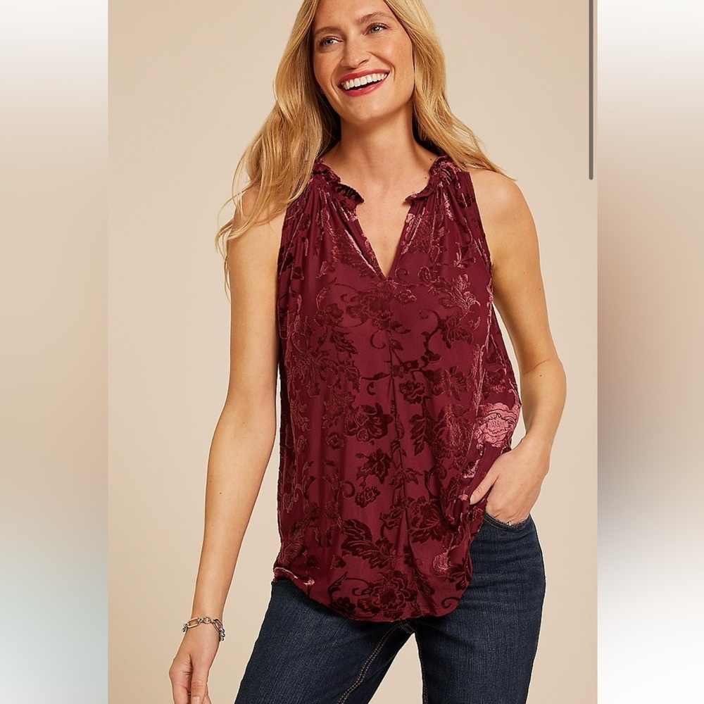 Maurices Velvet Burnout Floral V Neck Tank Top, Burgandy